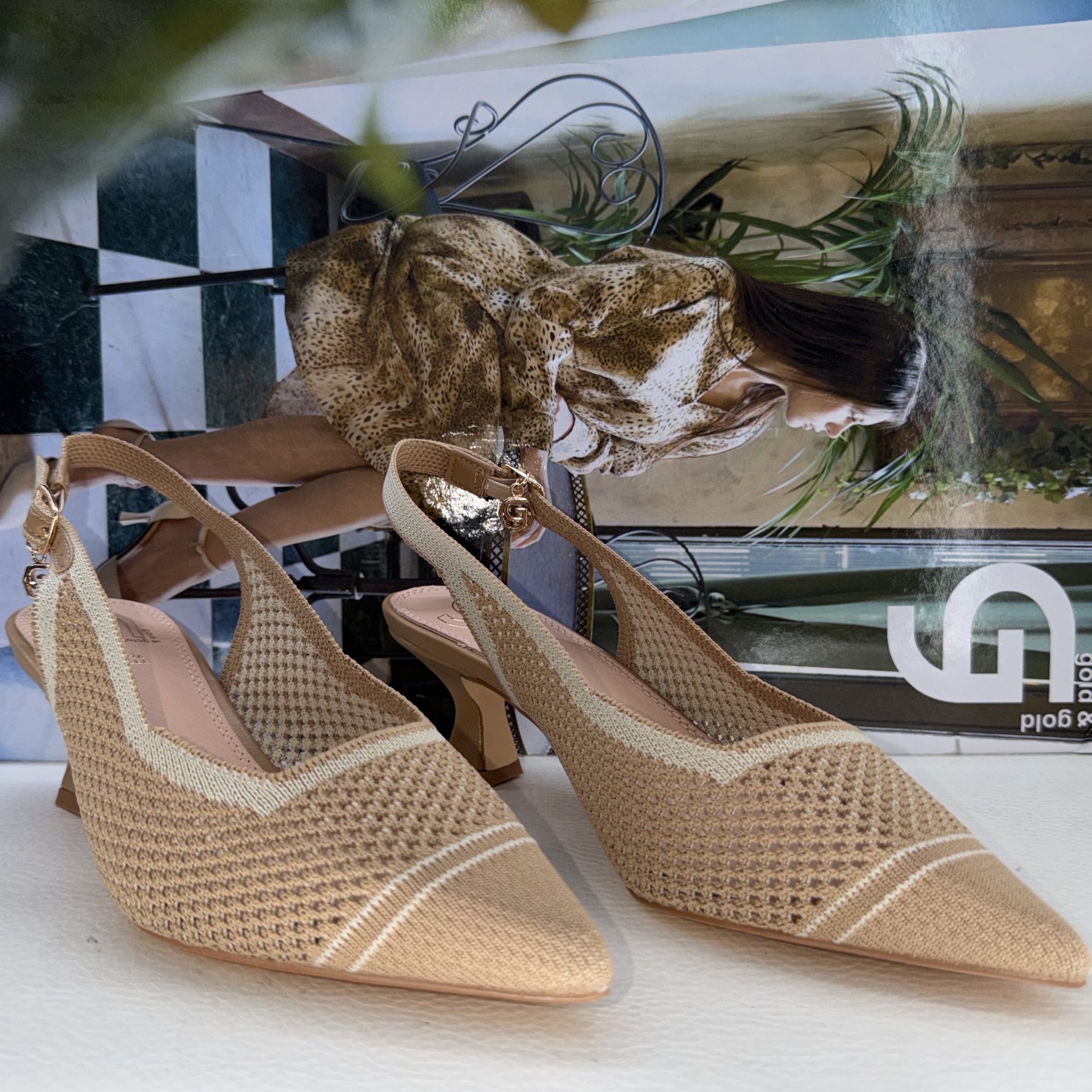 Décolleté Slingback Gold & Gold in Maglia Beige