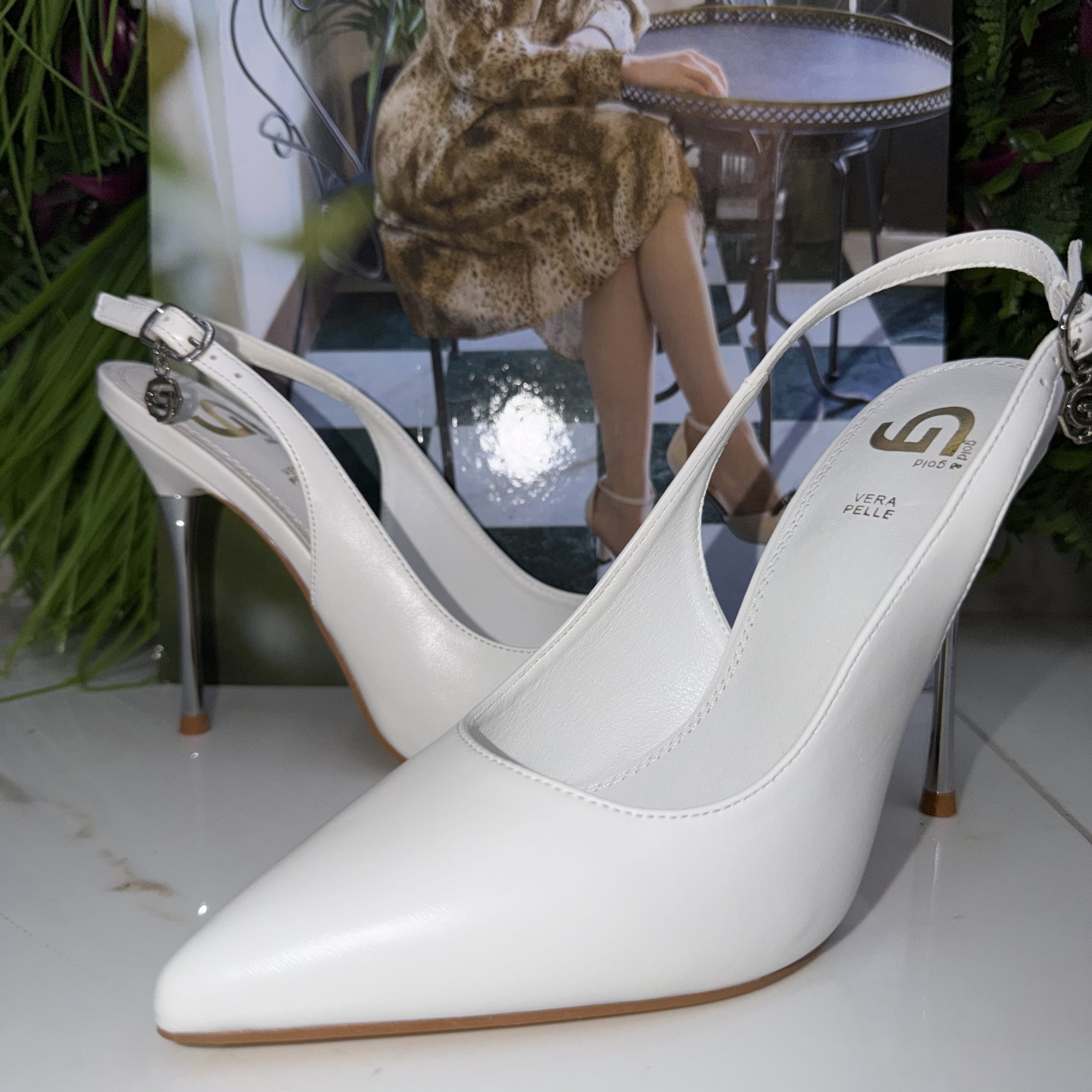 Gold&Gold Décolleté Slingback Bianca in Vera Pelle con Tacco a Spillo